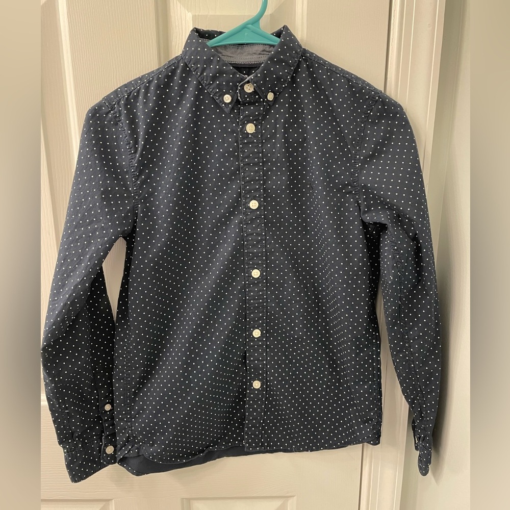 Label of Graded Goods LOGG blue, and white polkadot dress shirt 12
